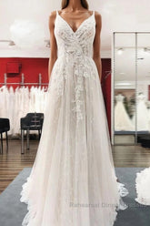 Graceful Long A-line Tulle V-neck Lace Backless Wedding Dress